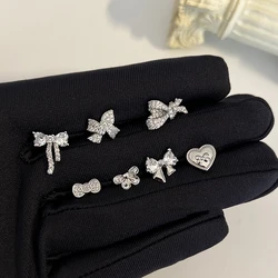 1Pcs Full of Rhinestone Silver Color Bowknot 316L Stainless Steel Ear Bone Nail Cute Small Earrings for Women Cochlea Accessorie