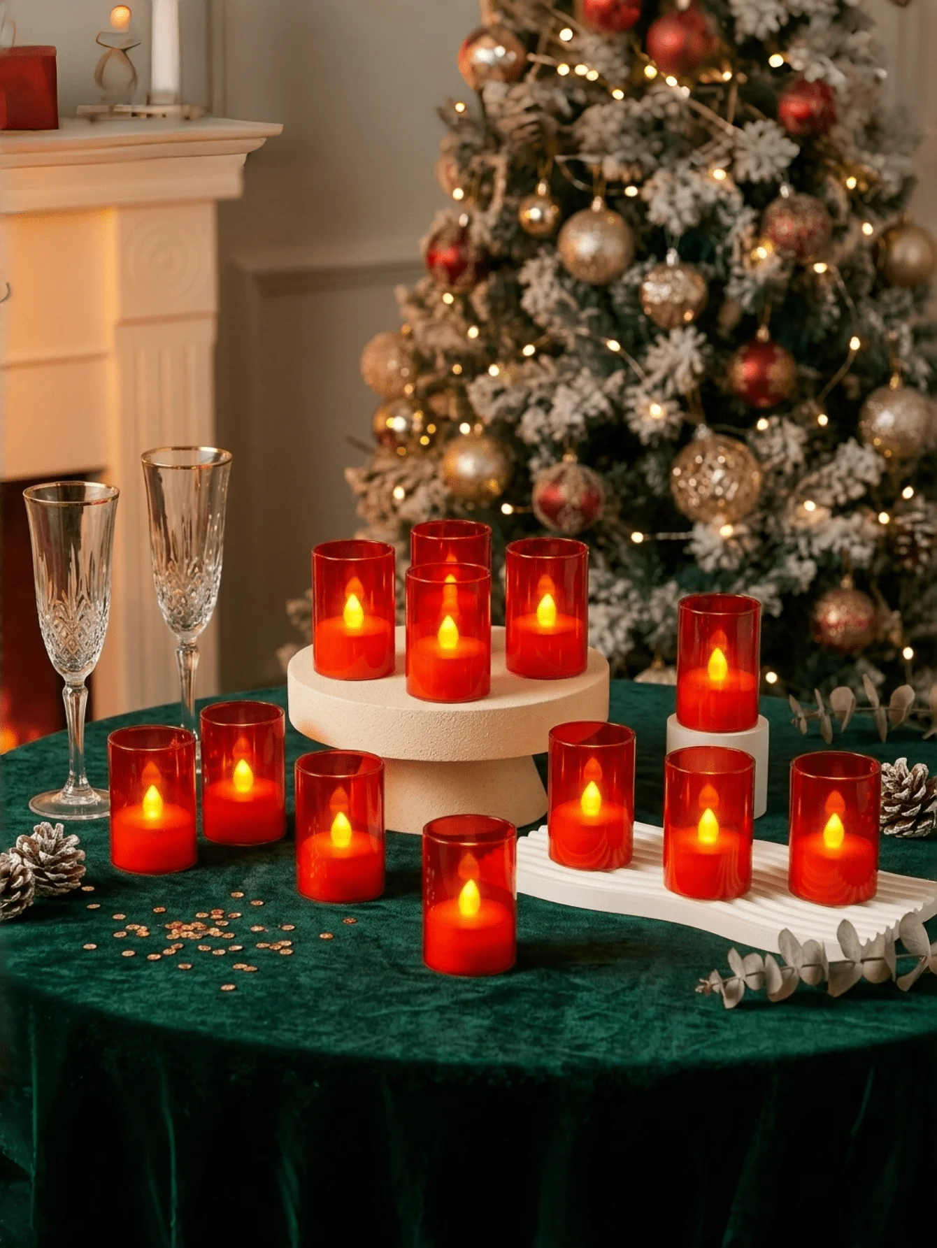 24-Pack Acrylic Transparent/Red/Gold Small Tea Light Holders, Remote Control LED Tea Lights, Warm White Light, Timer Flashing, Remote On/Off, Christmas Decor Tea Lights, Christmas Eve Atmosphere Lights