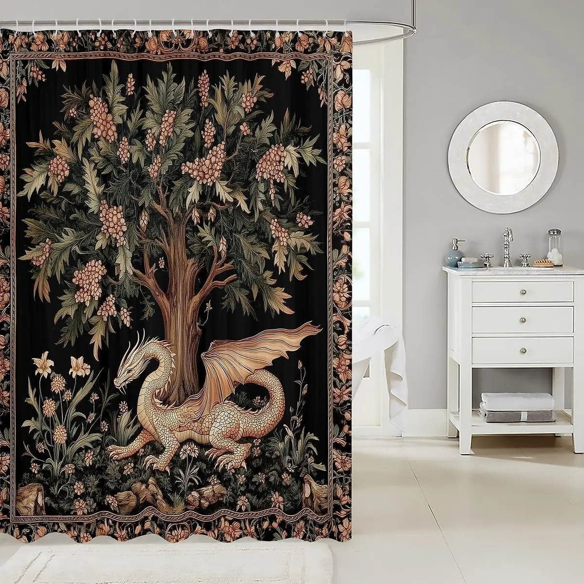 Enchanting Dragon and Botanical Tree Shower Curtain Gothic Forest Waterproof Bathroom Decor Tapestry Curtain Wall Art 180x180cm