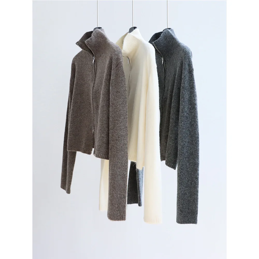 Solid Color Double Zipper Stand-up Collar Knitted Sweater Basic Cardigan Loose Women Long Sleeve Open Stitch Winter