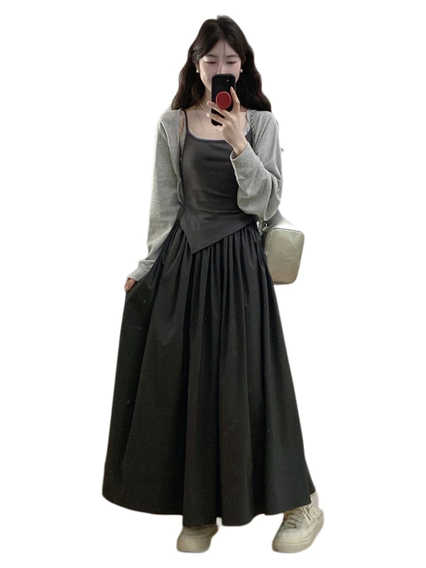 플러스 사이즈 봄 여름 한국 스타일 매칭 세트 오픈 카디건 탑과 스트랩 드레스 투피스 세트 하이웨이스트 A라인 스커트