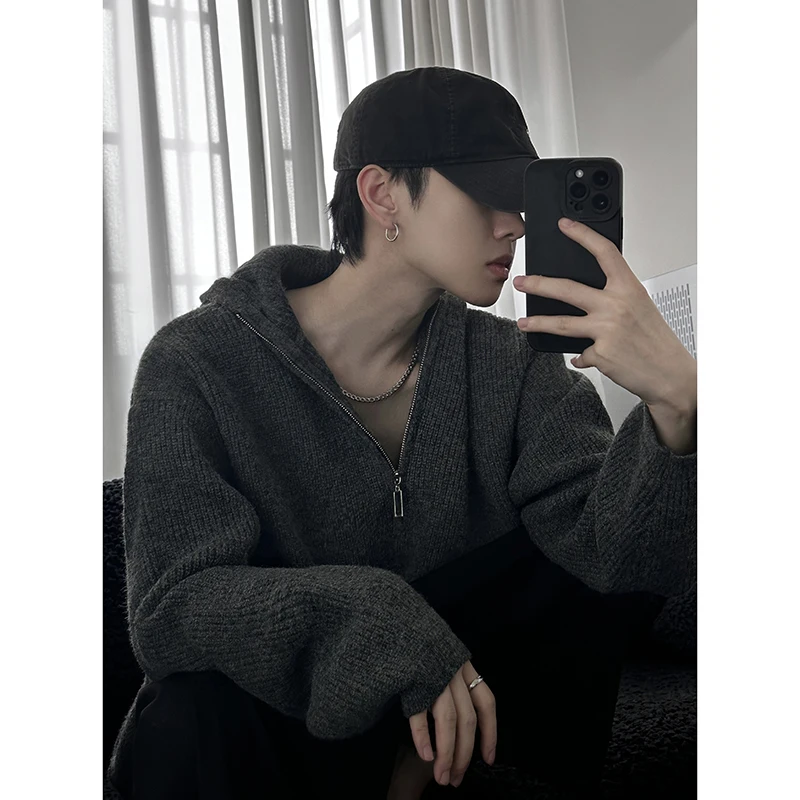 Autumn Winter Khaki Half-Zip Hooded Loose Knit Sweatshirt Men's American Casual Outerwear