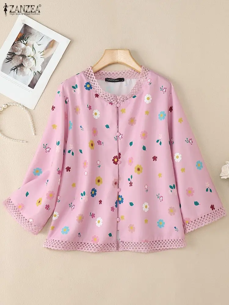 

ZANZEA 2022, осенняя блузка с цветочным принтом, богемная рубашка, женская повседневная рубашка с круглым вырезом и длинными рукавами, ретро кружевная лоскутная туника Blusas