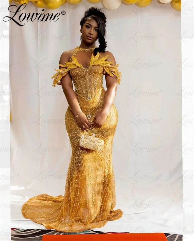 Gold African Prom Dresses Arabic Mermaid Evening Gowns Off Shoulder Plus Size Custom Made Long Party Dress Robe de Soirée 2024