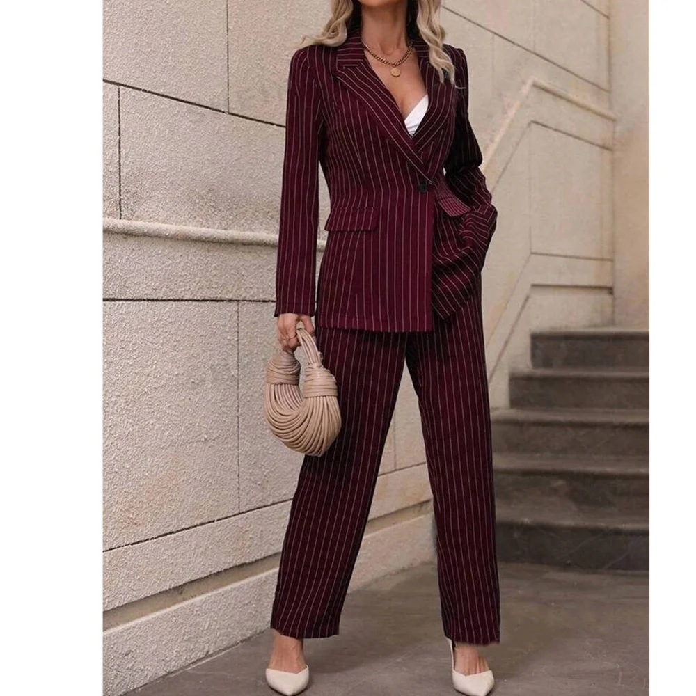 Women Suit Set Striped Wine Red Women Long Pants 2 Piece Set Lady Casual Loose Suit Wide Leg Trousers Solid Outfits Pant Suits