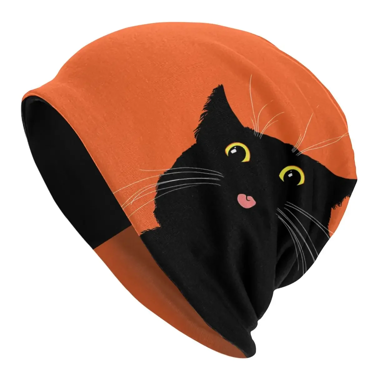 Sticking Out Tongue Halloween Black Cat Unisex Bonnet Windproof Double Layer Thin Hats For Men Women