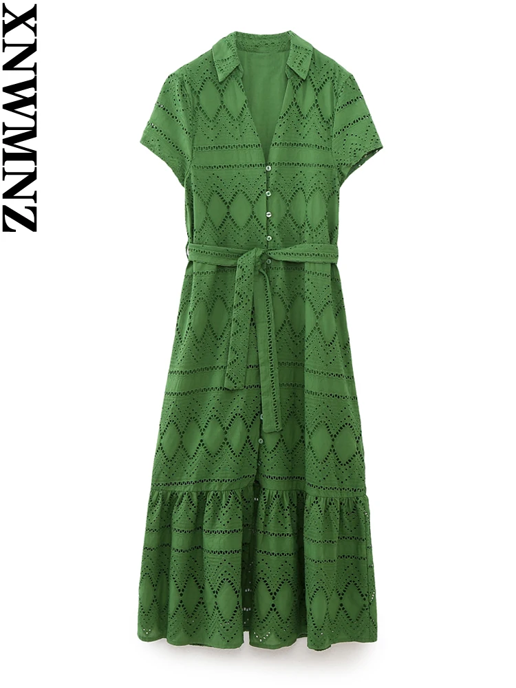 XNWMNZ 2023 Women's Fashion Green Cutwork Embroidery Shirt dress Vintage Short Sleeve Belt Front Button Female Midi Dresses