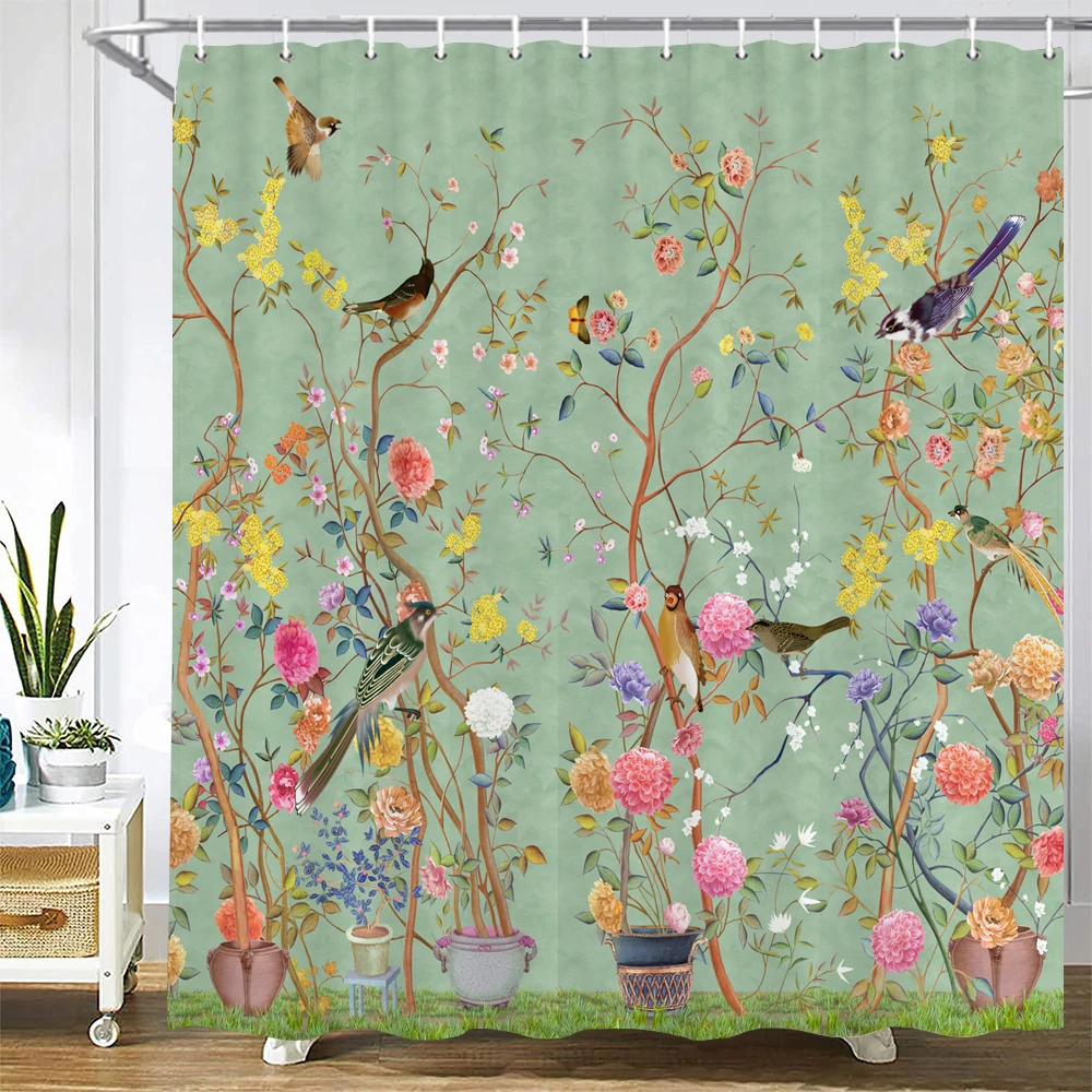 Chinese Style Flower and Birds Tree Shower Curtains Bath Curtain Waterproof Bathroom Decor With Hooks 3d Printing Bath Curtain