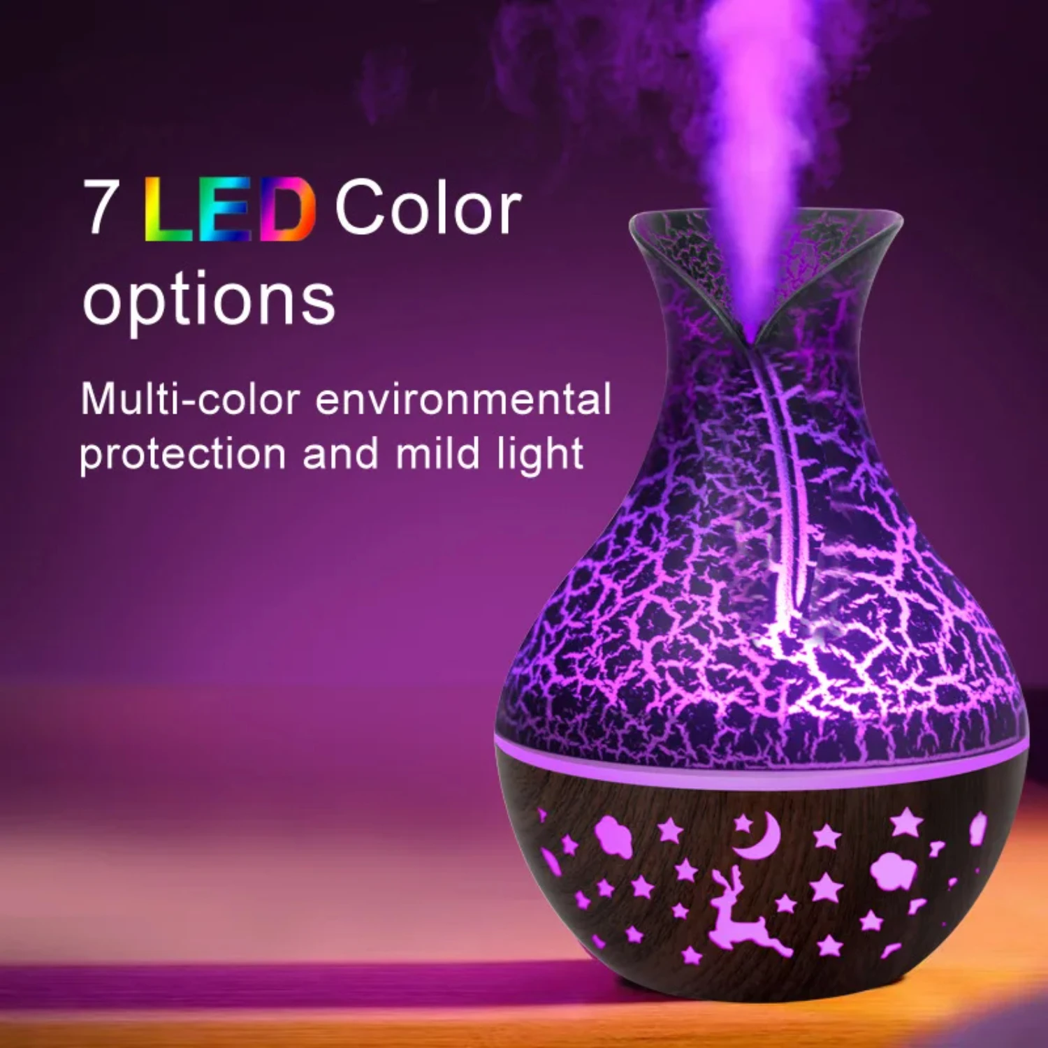 

150ml vase air humidifier, hollow wood grain aromatherapy essential oil diffuser, 7-color light