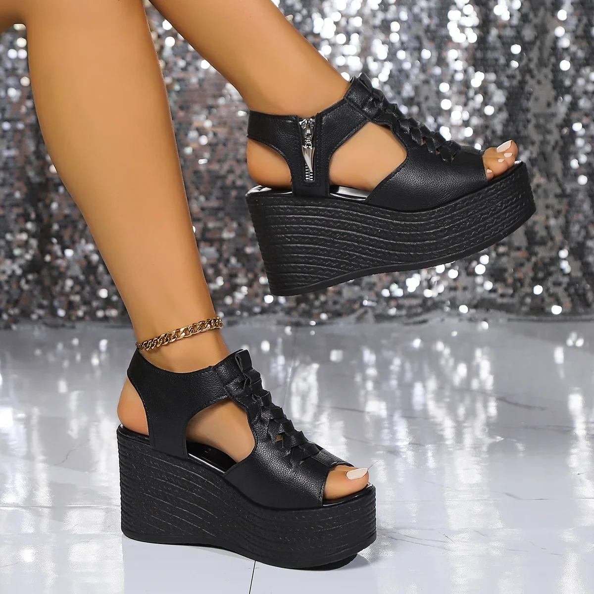 Casual Basic High Heel Rubber Sandals for Women 2024 New Hot Sale Summer Wedges Ladies Shoes Solid Zipper Pu Women's Sandals