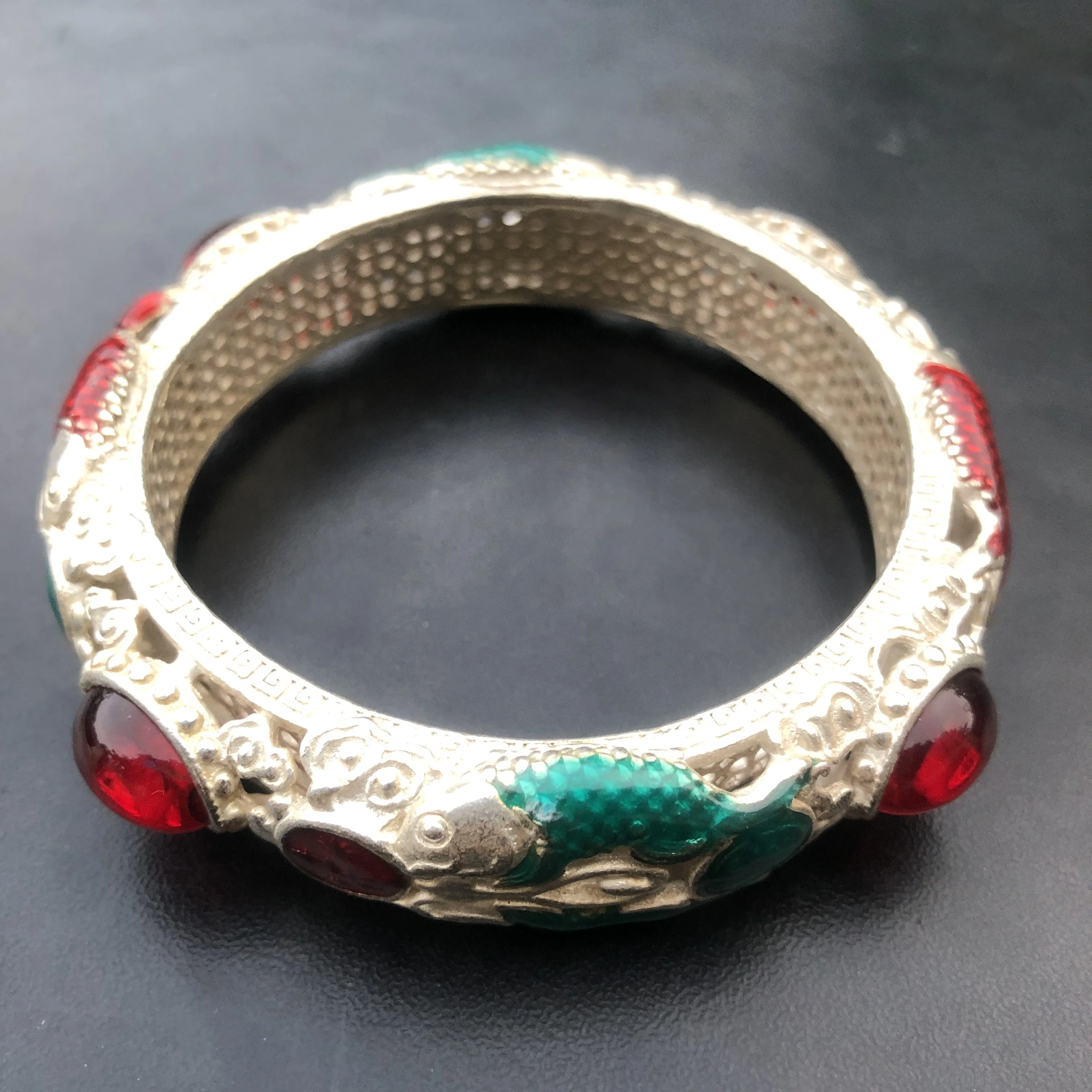 Vintage Tibetan Silver Hollow Bangle Enamel Double Fish Inlaid Red Gemstone Fu Character Openwork Cloud Pattern Retro Chinese Et