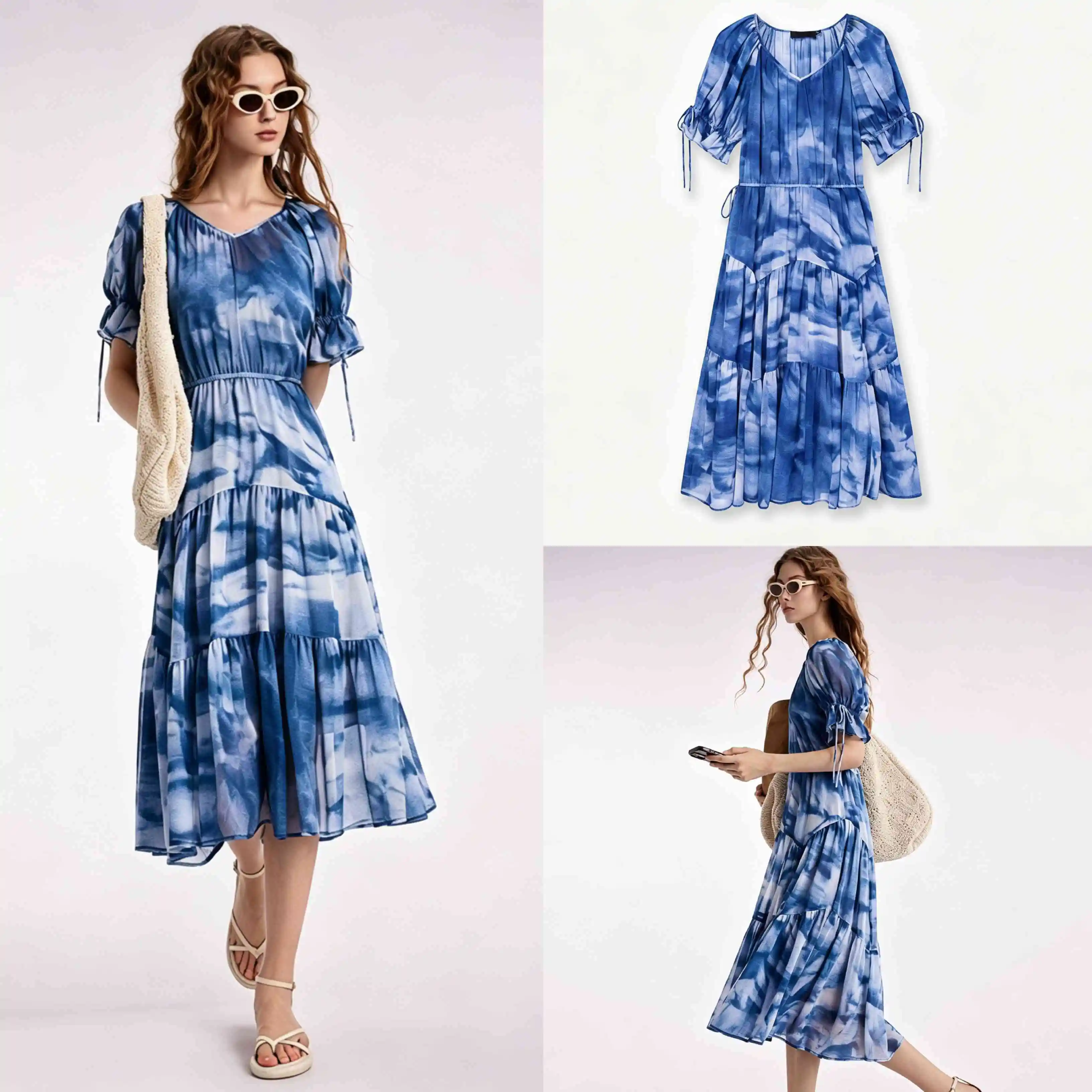 2026 new Spanish original Mediterranean Bohemian style printed dress, mid length short sleeved waist cinching