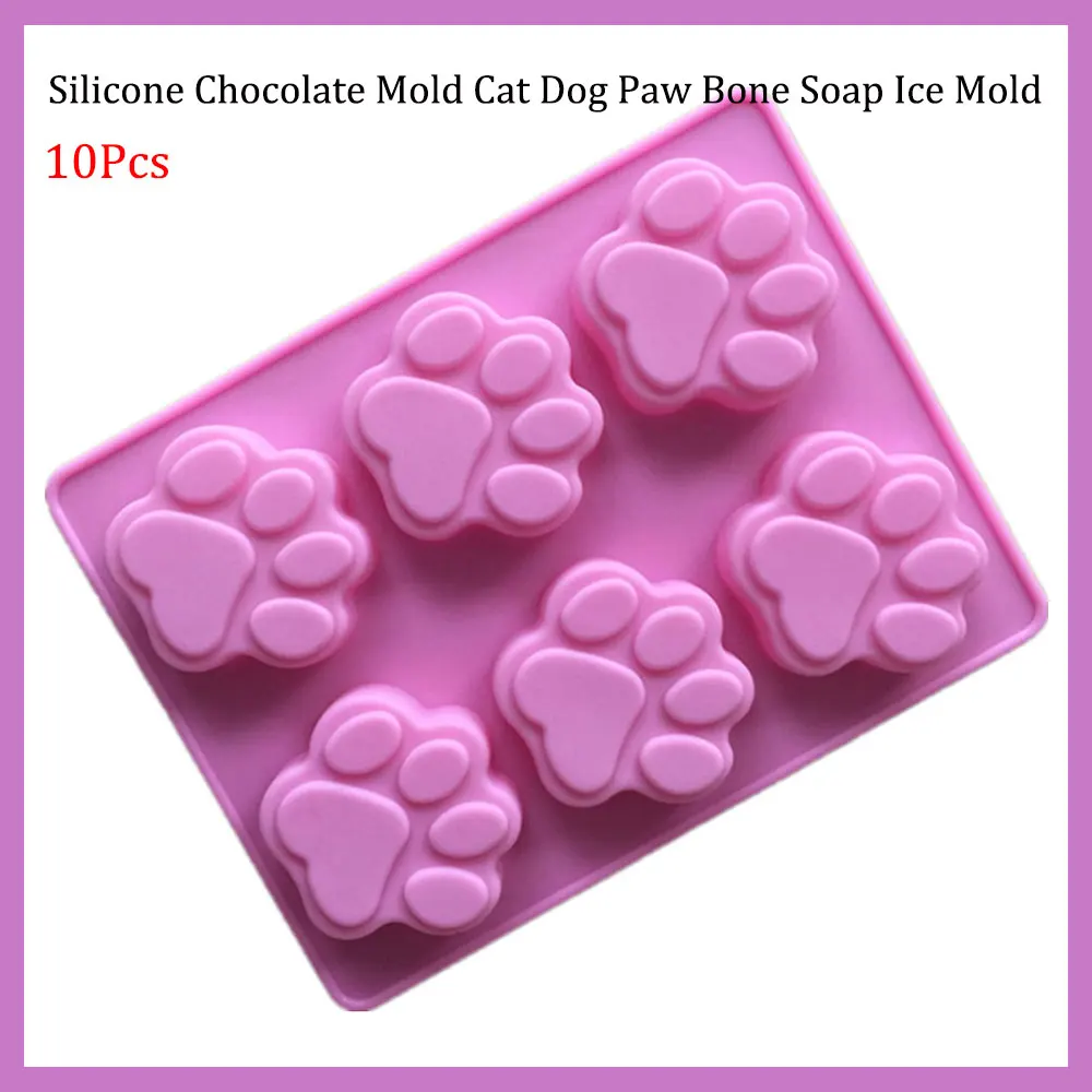 10PCS Pink Color Silicone Chocolate Mold Cat Dog Paw Bone Soap Ice Mold Animal Footprint Cookie Baking Tool