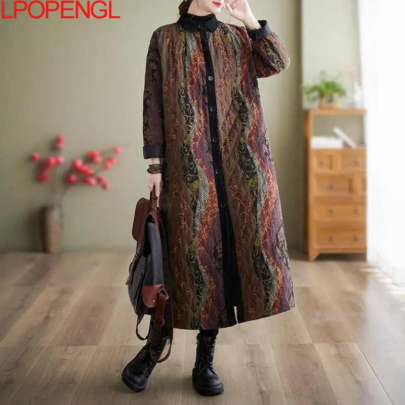 2022 Winter Cotton Coat Ethnic Style Long-sleeved Single-breasted Women Patchwork Crew Neck Medium Length Wide-waisted Jacket