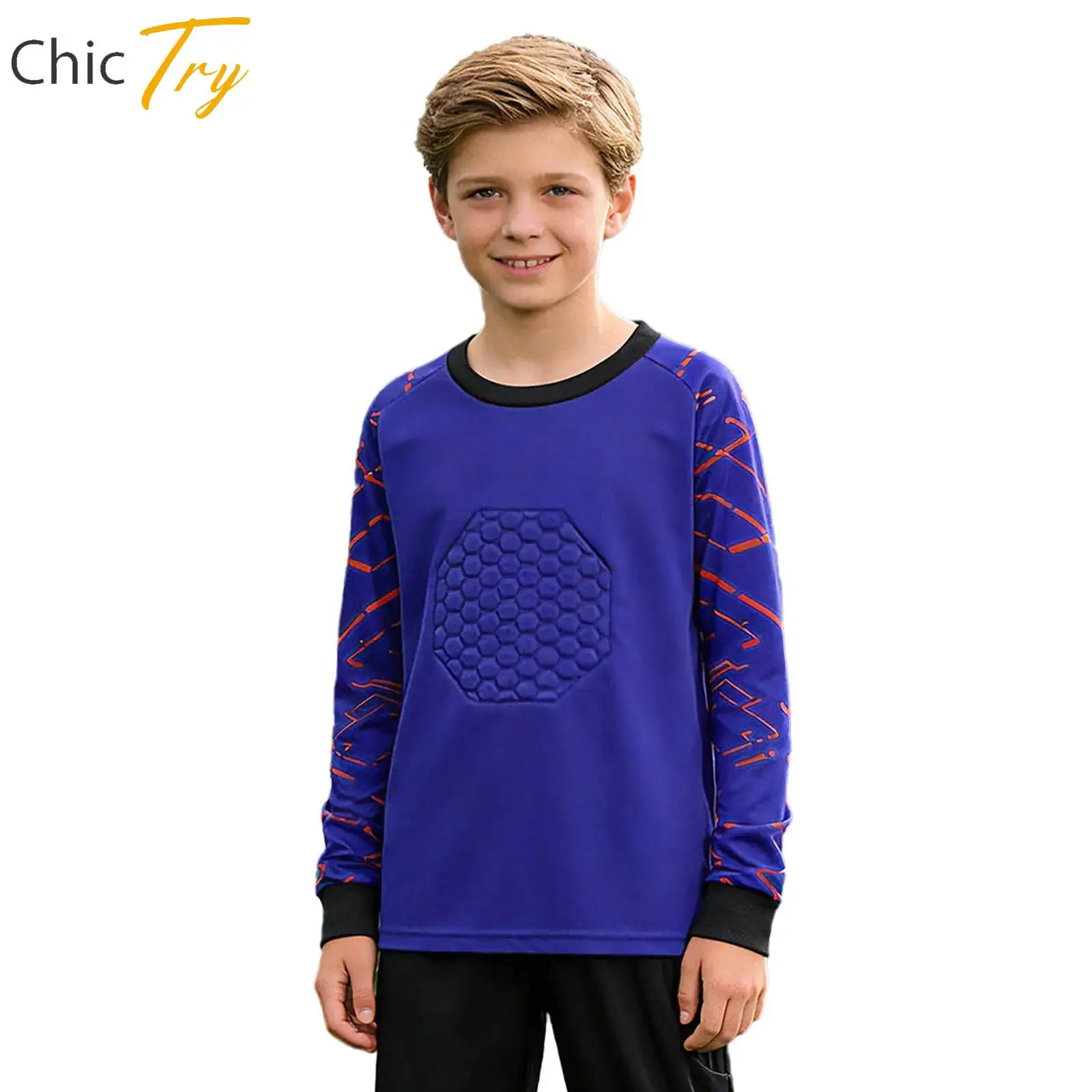 

Kids Boys Girls Football Goalkeeper Tops Geometric Print Long Sleeves Protective Jersey Soccer Shirt for Football Games Training