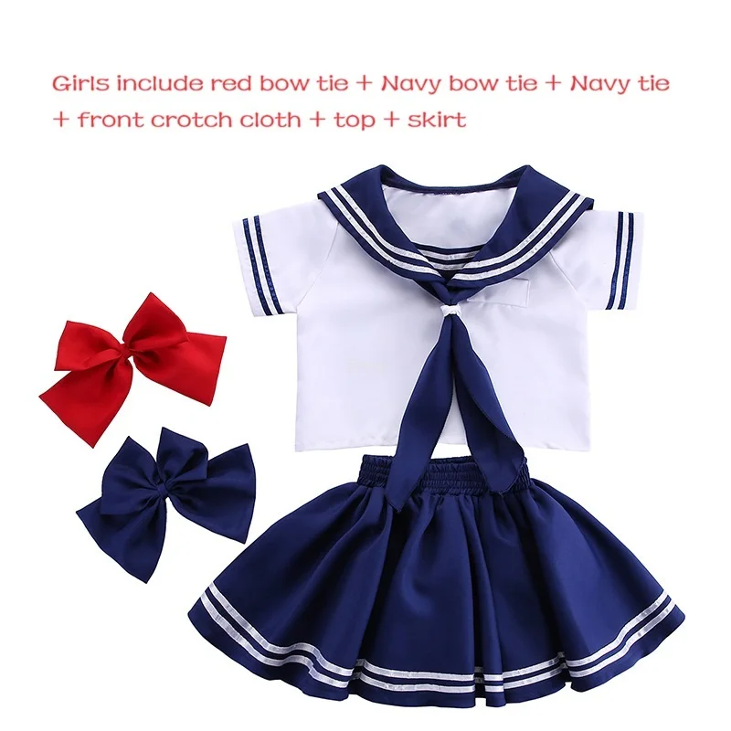 Japanese Anime Navy Sailor Costume Uniform Blue for Girls Boys Halloween Party School Fancy Dress Bow Tie