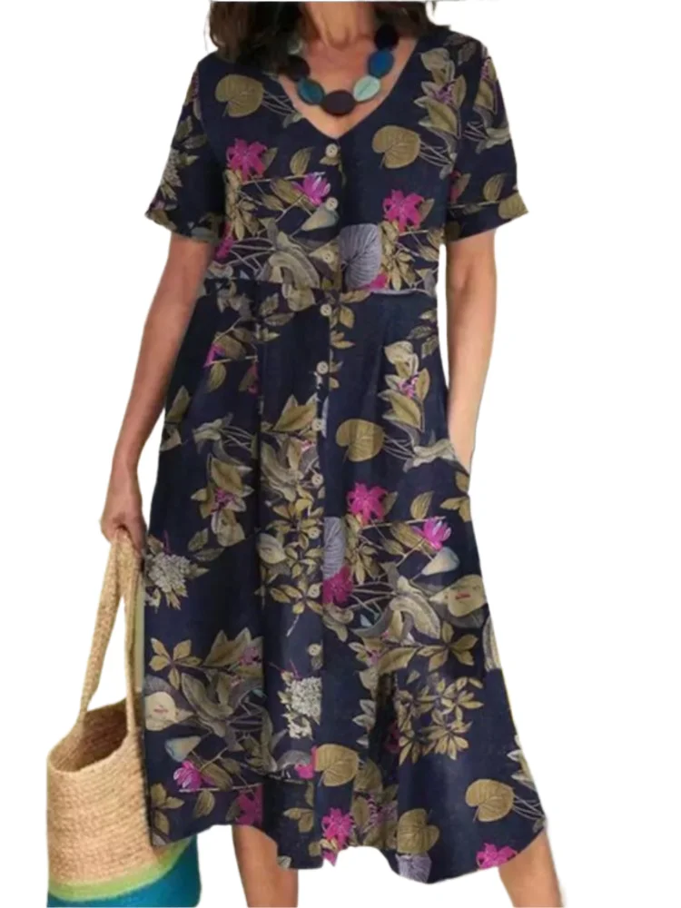 Abito casual con stampa floreale Lady Fashion manica corta scollo a V abiti vintage larghi per le donne Boho Holiday Abbigliamento donna estivo