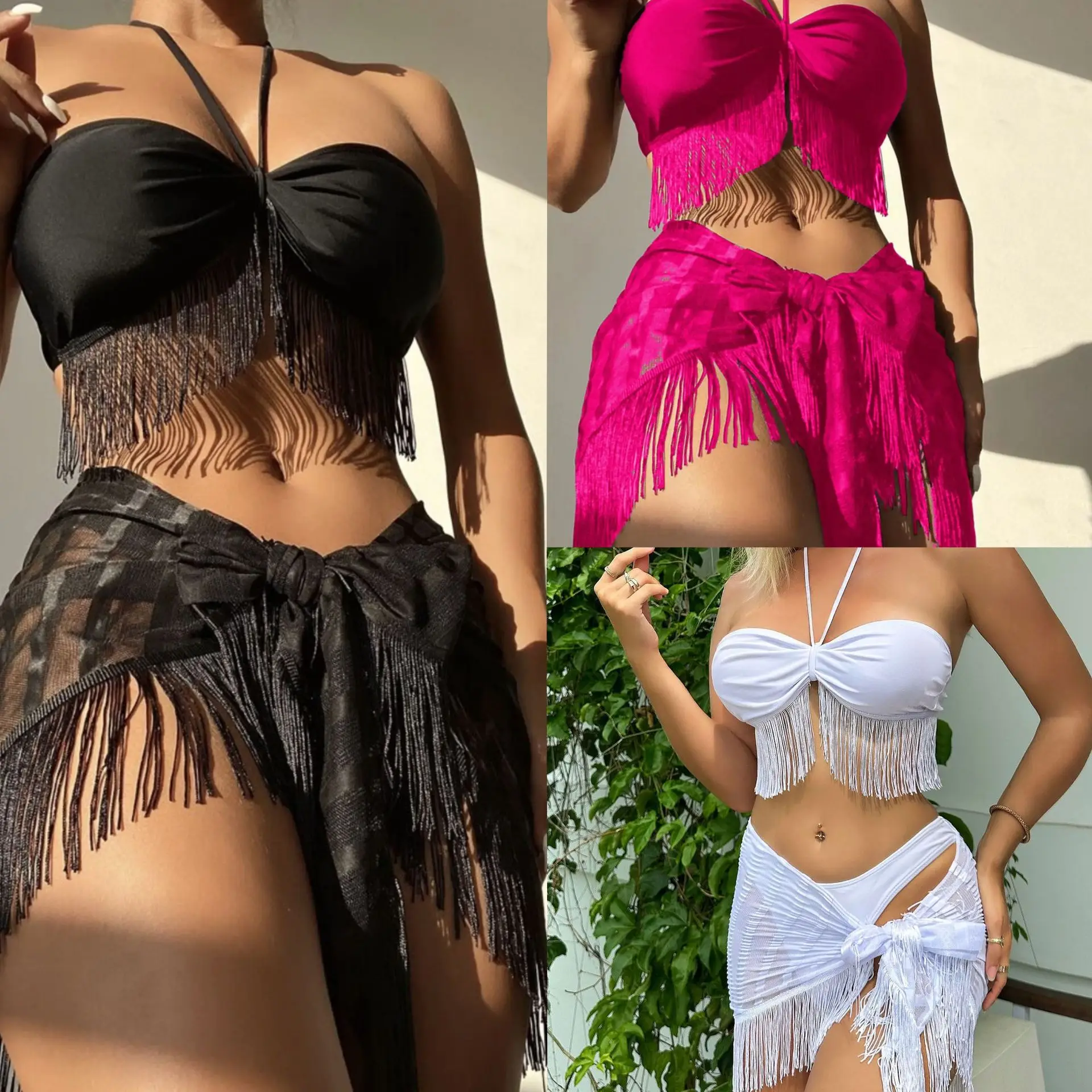 Swimwear Novo Tassel Bra Strap Mesh Três Peças Swimwear Biquíni Borla Decoração Biquínis Beachwear