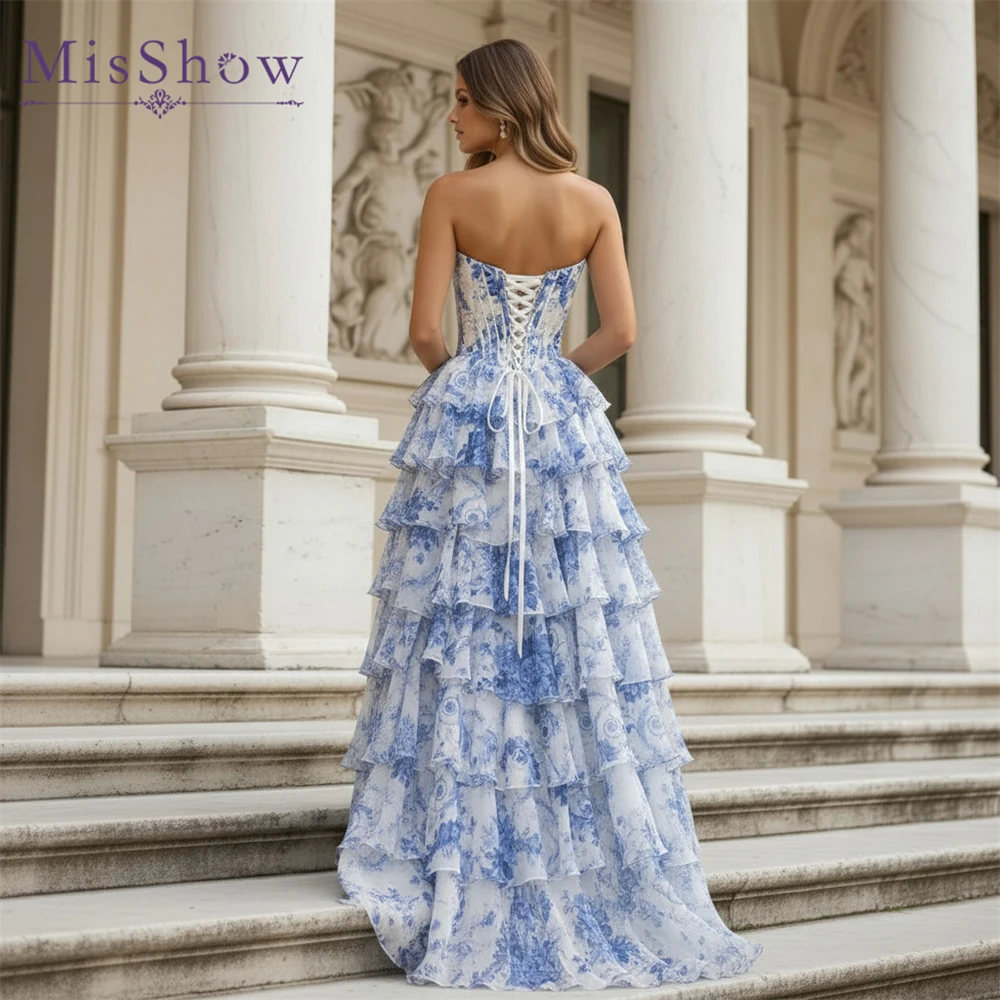 MisShow Corset Tiered Ruffle Dresses for Women Sexy Strapless Floral Printed Long Chiffon Evening Prom Dress with Slit - Image 2