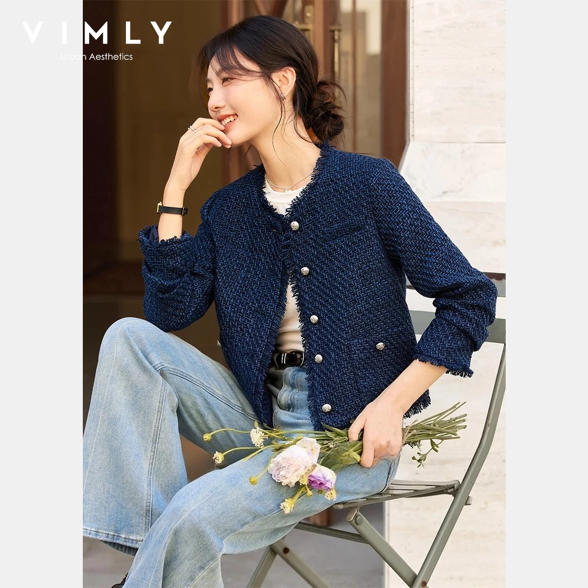 VIMLY Francese Elegante Giacca di Tweed Donna 2025 Autunno Nuovo O-Collo Cappotti Corti Solido Monopetto Tasche Tuta Sportiva Femminile A2632