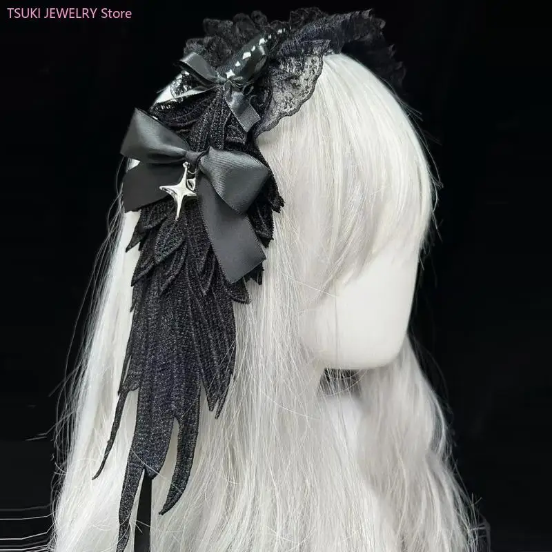 

62KE Крылья Ангела, аниме, кружевная повязка на голову с бантом и подвеской в ​​виде звезды для женщин и девочек, повязка на для