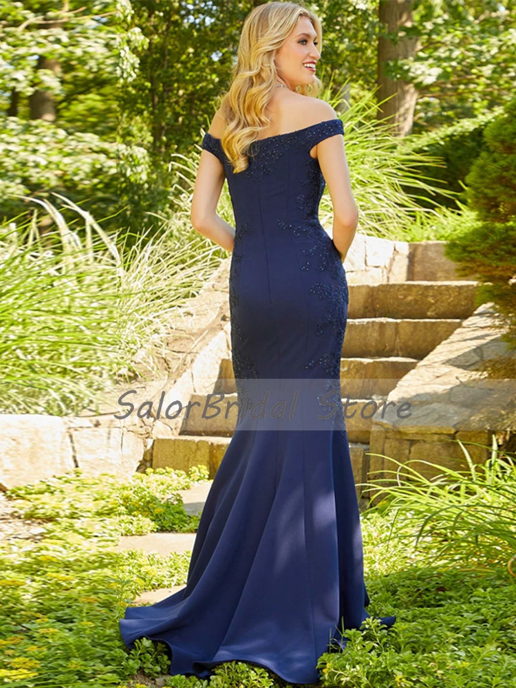 Vestido de noche azul marino para boda, elegante vestido de Madre de la novia con hombros descubiertos, apliques largos de sirena, vestidos de invitados de boda