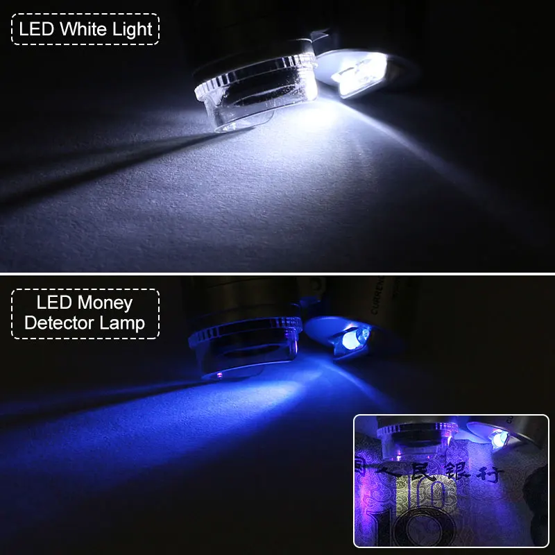 Microscopio LED con detección de moneda para teléfono inteligente, lupa móvil con Clip Universal, luz LED UV, identificación f/gema, 60X