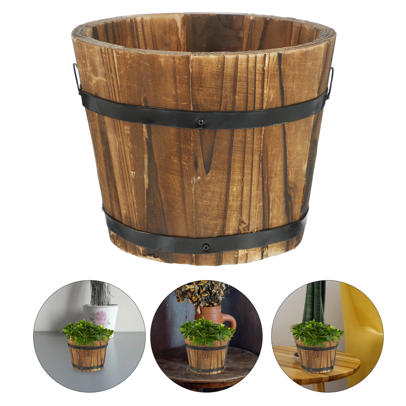 

Wooden Flower Retro Planter for Balcony Plants Vintage Barrel with Wooden Planter Handles Decor Container