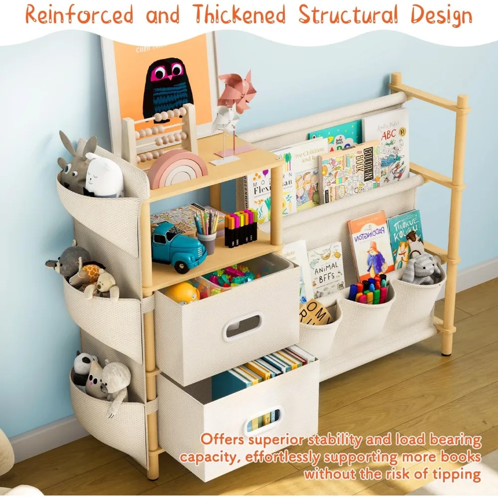 منظم كتب وألعاب من 3 طبقات للأطفال مع صناديق تخزين وخزانة كتب جانبية، مستوحى من مونتيسوري