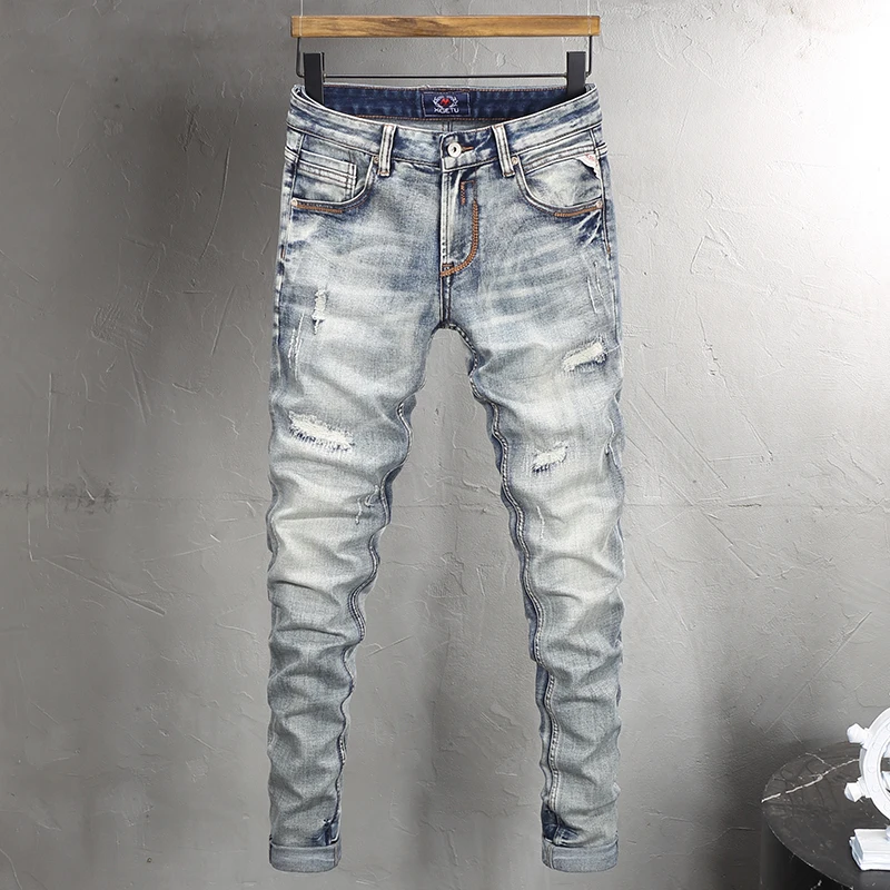 Jeans rasgado vintage masculino, de alta qualidade, retrô, lavado, azul, elástico, elástico, slim fit, remendado, jeans designer, moda