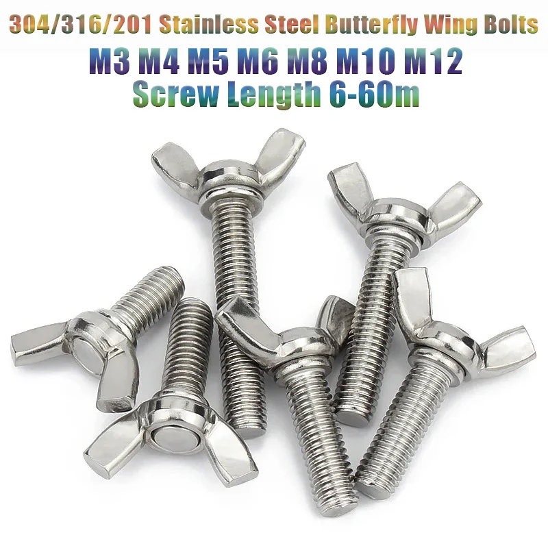 

304/316/201 Stainless Steel Butterfly Wing Bolts Hand Tighting Wing Head Thumb Screws M3 M4 M5 M6 M8 M10 M12 Length 6-60mm