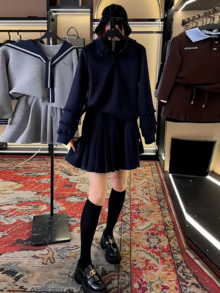 Autumn Faion Set Women's 2025 New Sle Slim Fit Long Sve Sweatirt Pleated Skirt Two Piece Set College Sle Design