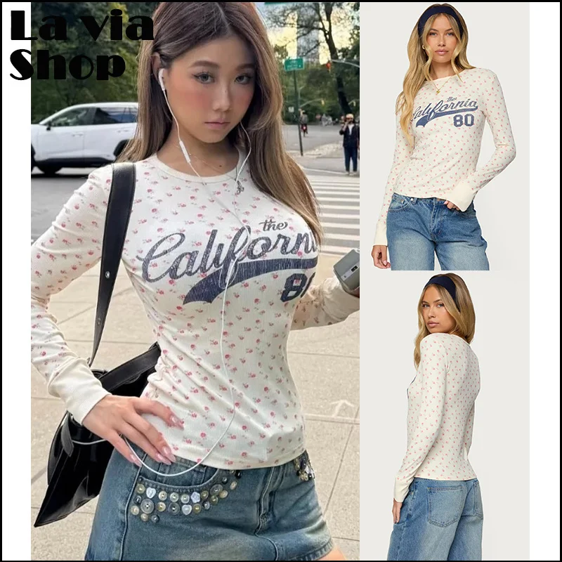 

American Style Long Sleeve Floral Print Ribbed T-Shirt Top La via Edikted round Neck Regular Fit Spring Summer Ladies Tee