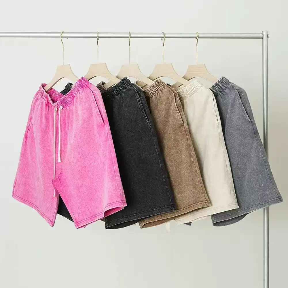 High-quality 100% cotton 260g retro distressed streetwear oversized faded acid-washed men's and women's shorts custom logo