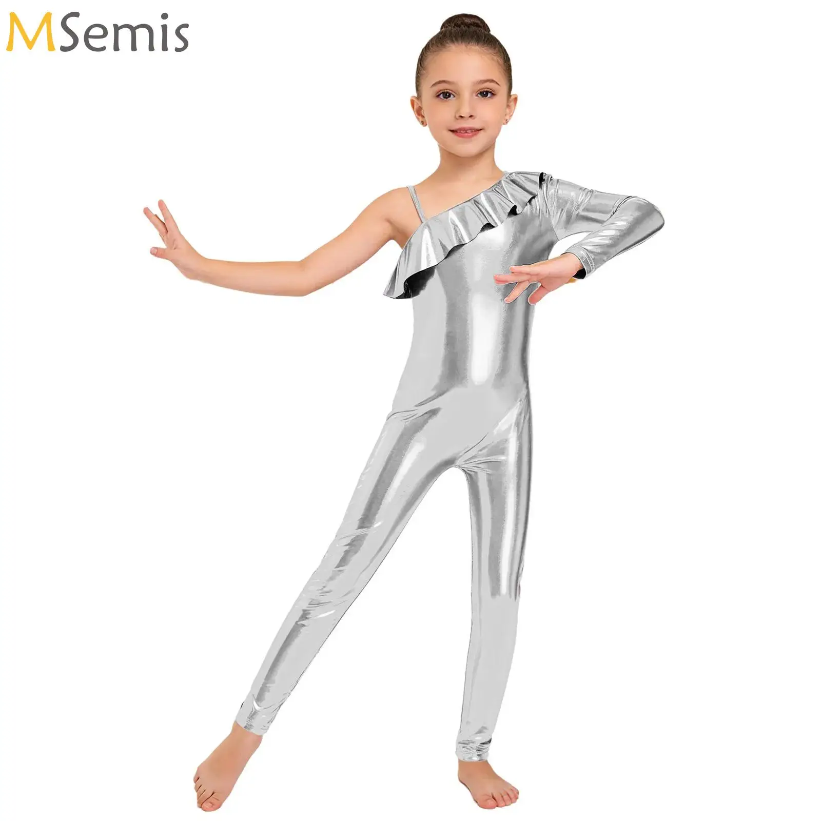 

Girl Single Long Sleeve Shiny Metallic Unitard Ruffle Ballet Jazz Dance Full Body Bodysuits Gymnastic Jumpsuit Halloween Costume