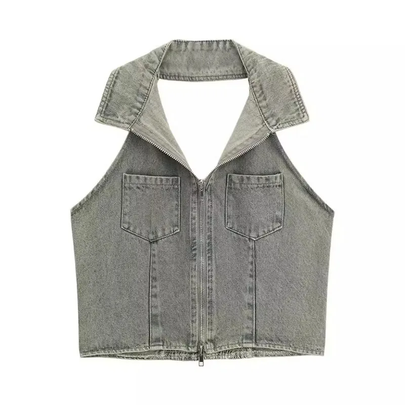 Hot Girl Halter Mouwloos Amerikaans Retro Gewassen Denim Vest Dames Bovenkleding Zomer Slimme Backless Korte Top