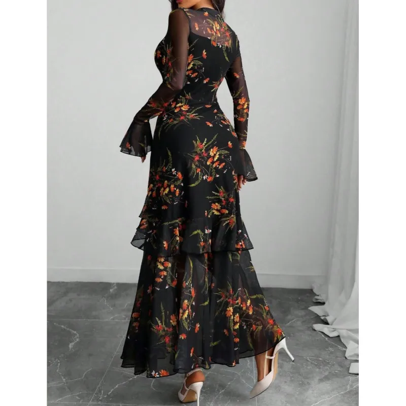 فساتين ماكسي نسائية عتيقة بطبعة زهور لربيع الخريف وأكمام طويلة شفافة وحاشية مكشكشة فستان أنيق للحفلات المسائية