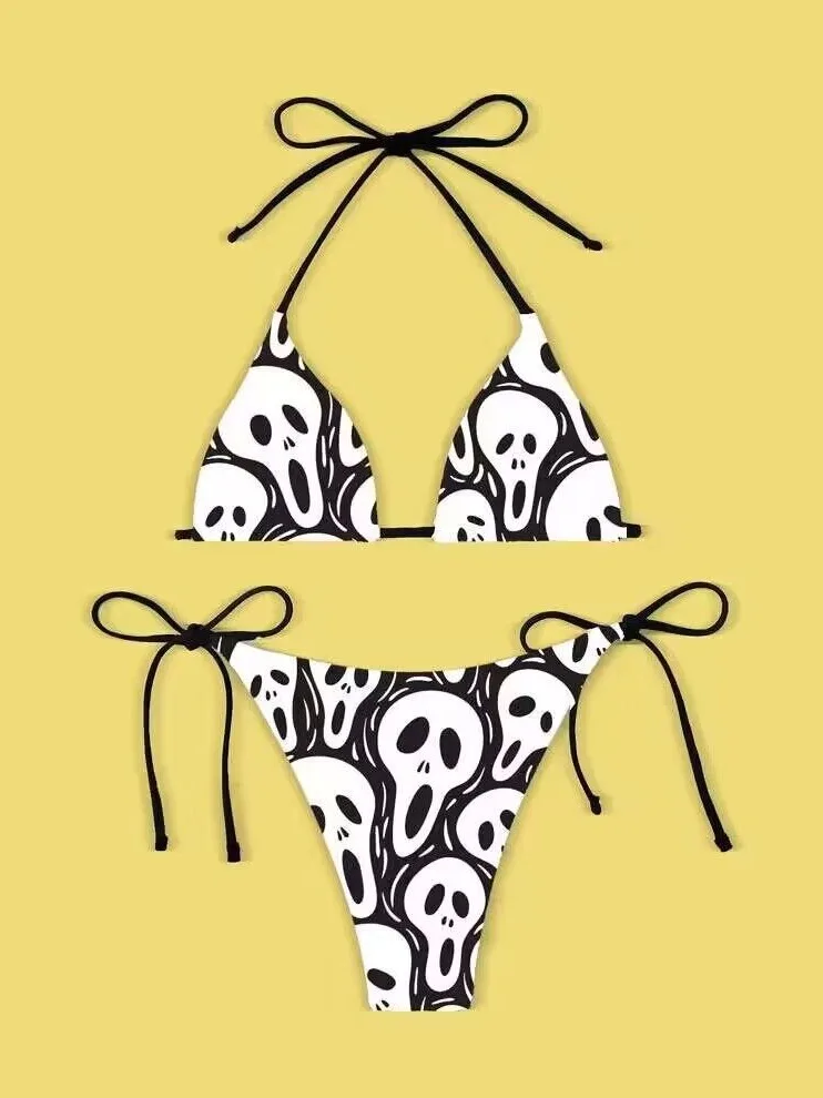 New Punk Gothic Letters Print Bikinis Set Sexy Bikini Women Skull Pattern V-neck Swimwear Fashion Swimsuit Bathing Suit