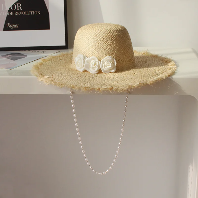 High End Wide Brim Raffia Sun Hat Women Summer Sun Protection Hat Flower Pearl Chain Fedora Cap Beach Party Ladies Sombrero Cap