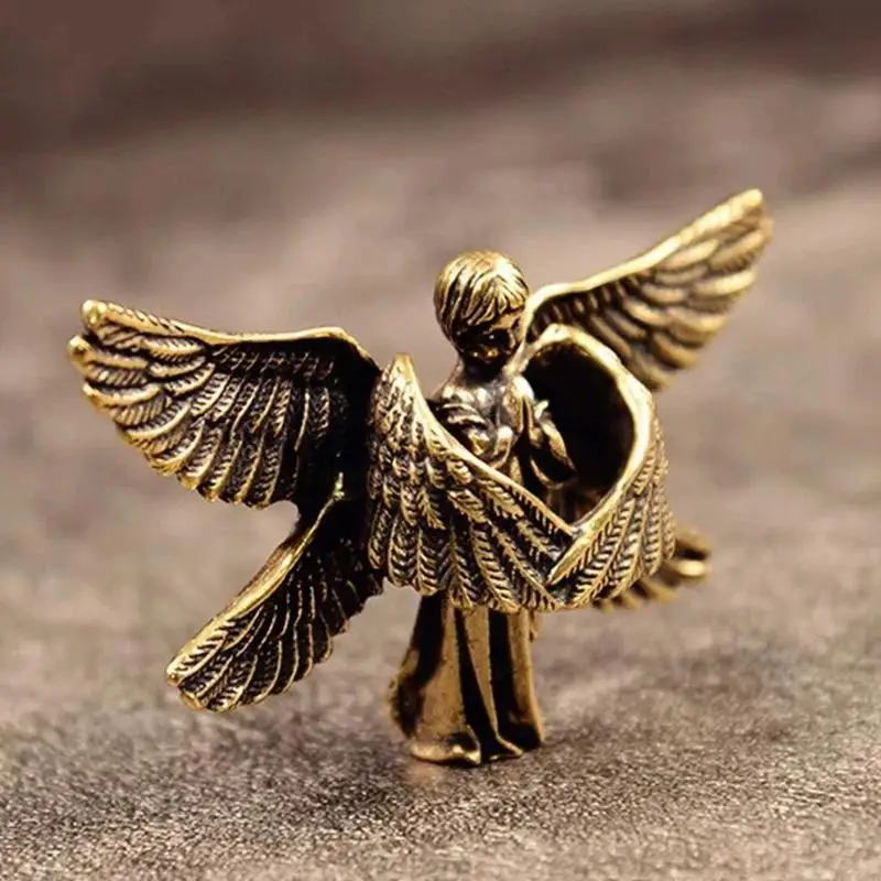 Collectible Vintage Brass Blessed Guardian Angel Mini Figurine Desktop Ornament for Home Office Spiritual Decor