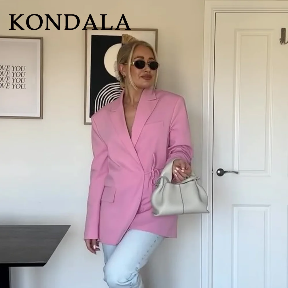 

KONDALA 2025 Fall Winter Office Lady Elegant Blazers Fashion Casual Solid Pink Lace Up Shrug Straight Chic Women Blazers