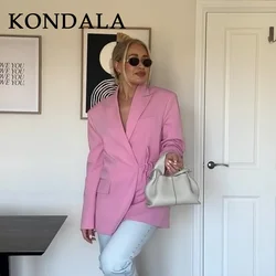 KONDALA 2026 Spring Summer Office Lady Elegant Blazers Fashion Casual Solid Pink Lace Up Shrug Straight Chic Women Blazers