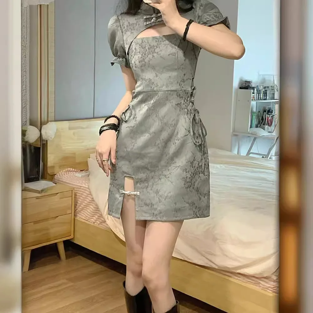 

Новое платье в китайском стиле для женщин: летняя модная юбка с поясом, из тонкого материала, с коротким рукавом и цветочным принтом