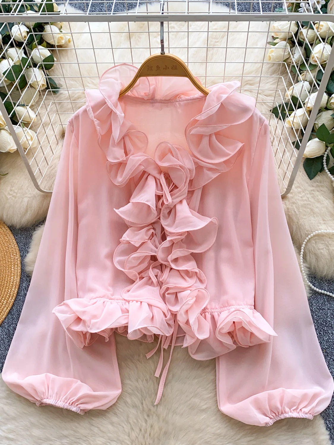 

Women's Pink V-Neck Shirts and Blouses Vintage Y2k Aesthetic Elegant 2000s Long Sleeve Ruffle Edge Chiffon Shirt Clothes Autumn