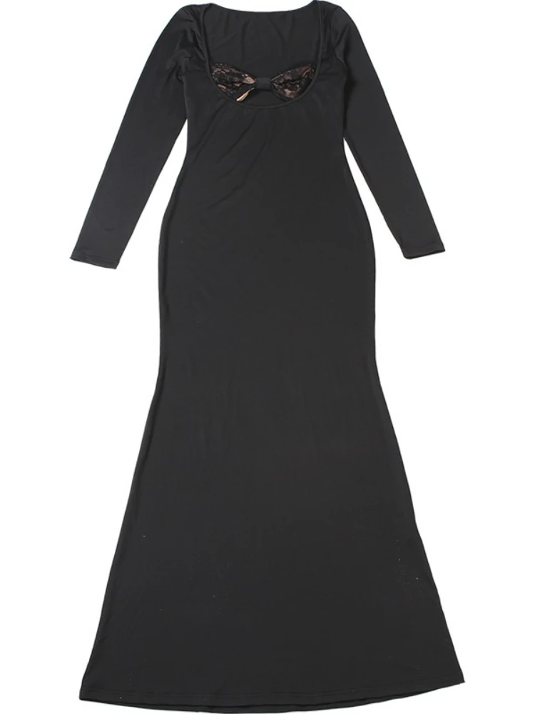 SsTss Dames Kant Gesplitst Slanke Maxi-jurk Effen Laag Uitgesneden Vierkante Hals Lange Mouw Hoge Taille Getailleerd Vakantie Feest Lange Jurk