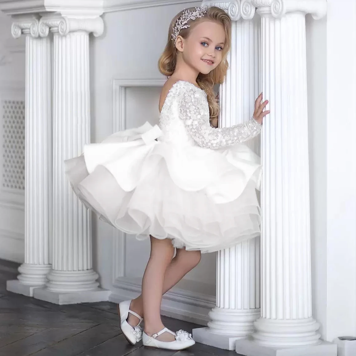 Long Sleeve Sequin White Wedding Girls Party Dresses Formal Bow Birthday Princess Dress for Girl Baptism Bridesmaid Kids Clothes