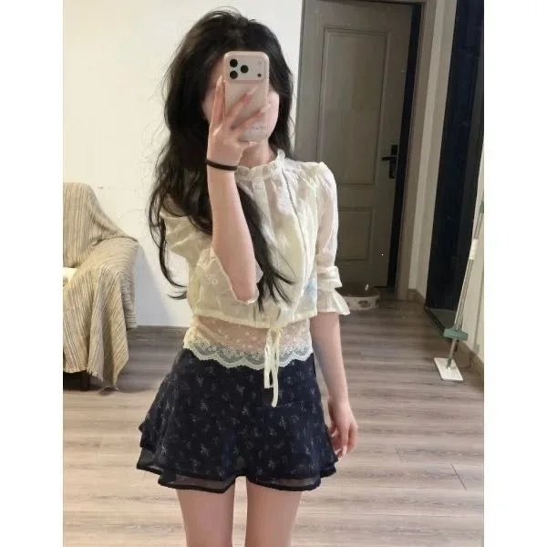 Fashionable Floral Short Skirt Set with Mid-Sleeve Hollow out Top Elegant Gentle Design Casual Sportswear for Women