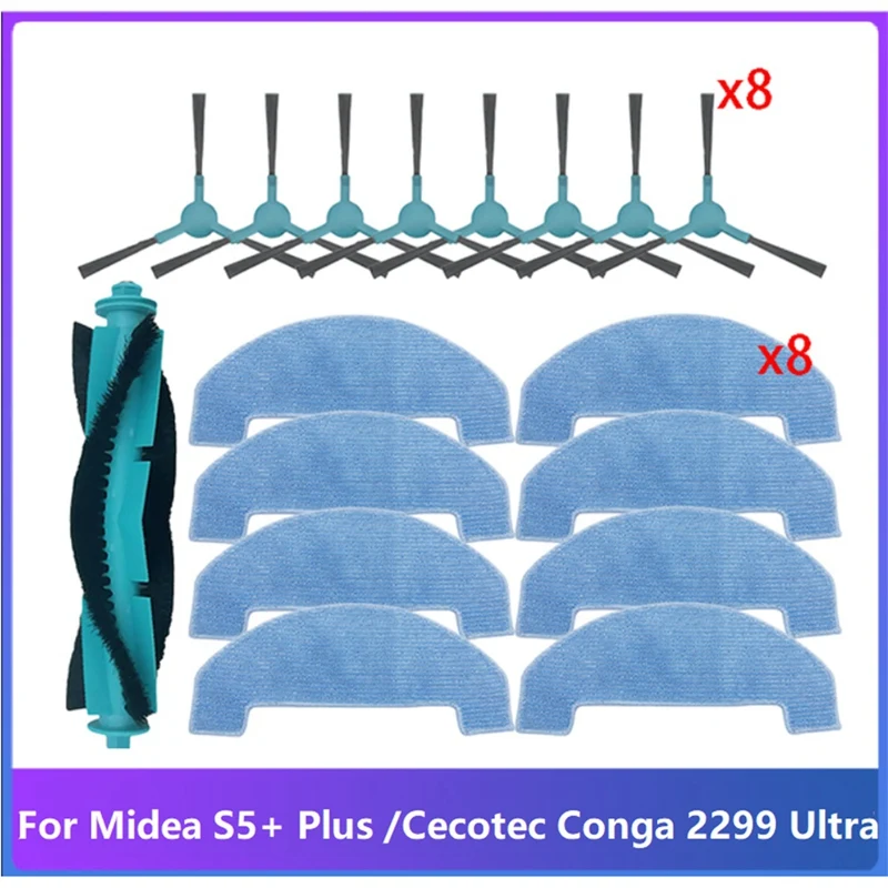 17PCS For Midea S5+ Plus, Conga 2299 Ultra Home X-Treme Genesis Vacuum Replacement Parts Main Side Brush Mop Pads