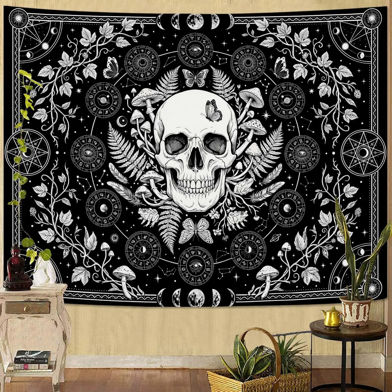 Steampunk Skull Tarot Witchy Gothic Boho Tapestry Wall Hanging Artwork Decoration Bohemian Style Poster Room Banner