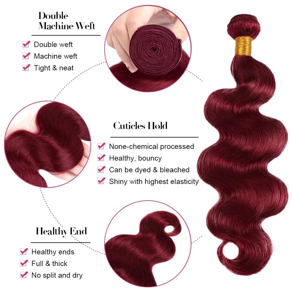 38 40 بوصة 99j بورجوندي الجسم موجة حزم الشعر البشري الملون النبيذ الأحمر 3 4 قطعة 100% غير المجهزة وصلات شعر بشري خام حزم